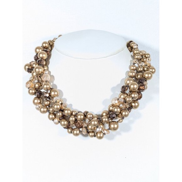 Elegant Golden Faux Pearl Multi Strand Twist Statement Necklace Collar 17" - Picture 1 of 9